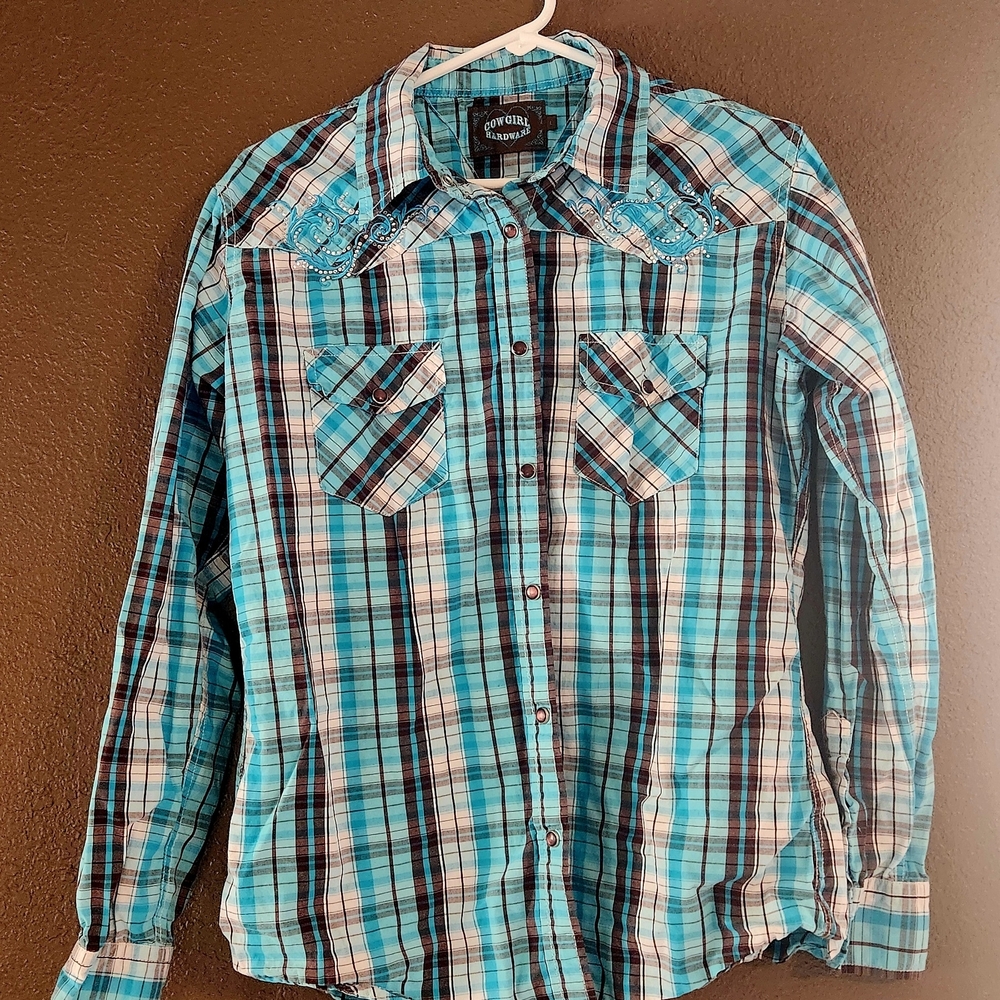 Cowgirl Hardware Pearl Snap Shirt Womens Blue Plaid Size L